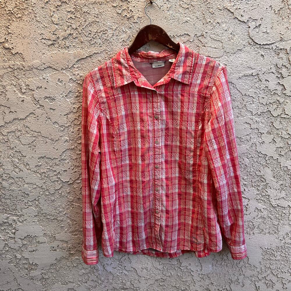L.L.Bean Pink Plaid Button Front Hiking Shirt Women’s Large